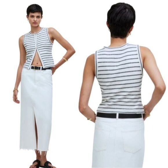 Madewell Cotton Blend Split Crewneck Cardigan Tank Cream Navy Size XS - Picture 1 of 12